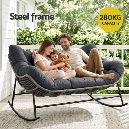Gardeon Outdoor Rocking Chair Loveseat Wicker 2 Seater Cushion Patio Furniture Grey