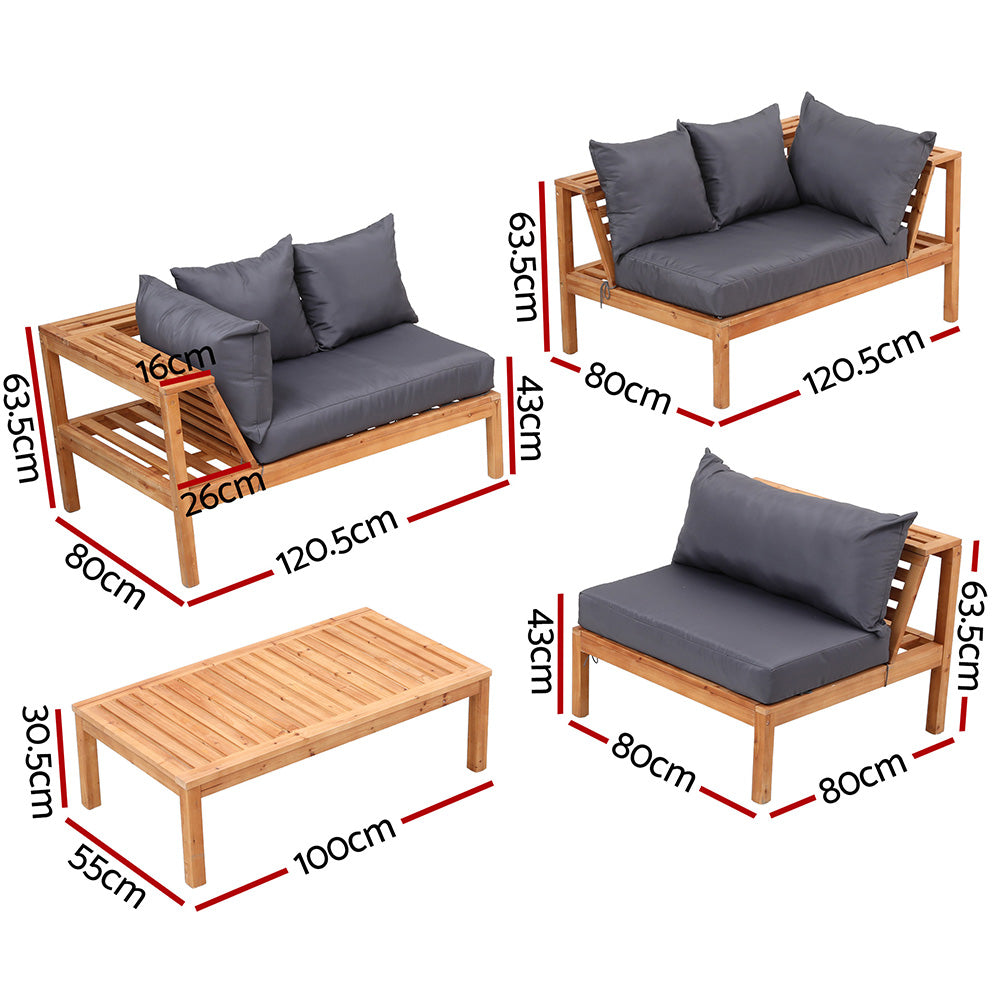 Gardeon 4 Pieces Outdoor Sofa Set 5-Seater Wooden Bench with Built-in Side Table-Furniture > Outdoor > Outdoor Sofas &amp; Lounge Sets-PEROZ Accessories