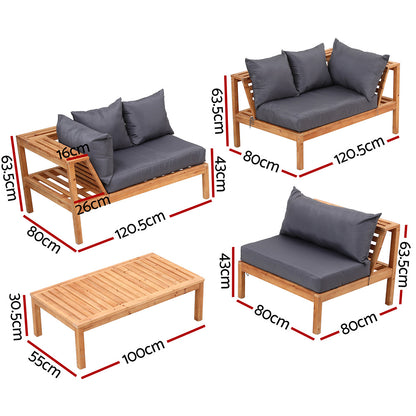 Gardeon 4 Pieces Outdoor Sofa Set 5-Seater Wooden Bench with Built-in Side Table-Furniture > Outdoor > Outdoor Sofas &amp; Lounge Sets-PEROZ Accessories