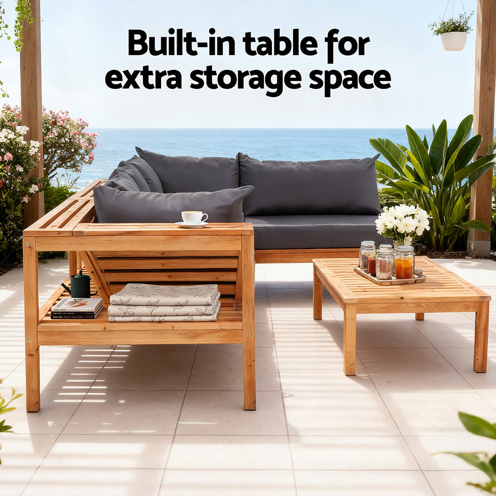 Gardeon 4 Pieces Outdoor Sofa Set 5-Seater Wooden Bench with Built-in Side Table-Furniture > Outdoor > Outdoor Sofas &amp; Lounge Sets-PEROZ Accessories