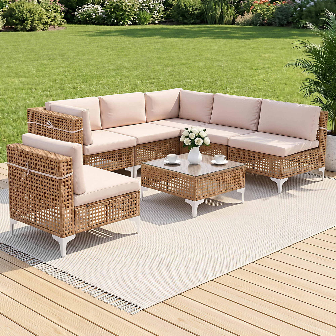 Gardeon 6 Seater Outdoor Sofa Set 7PCS Table Chair Set Garden Rattan Patio Furniture-Furniture > Outdoor > Outdoor Sofas &amp; Lounge Sets-PEROZ Accessories