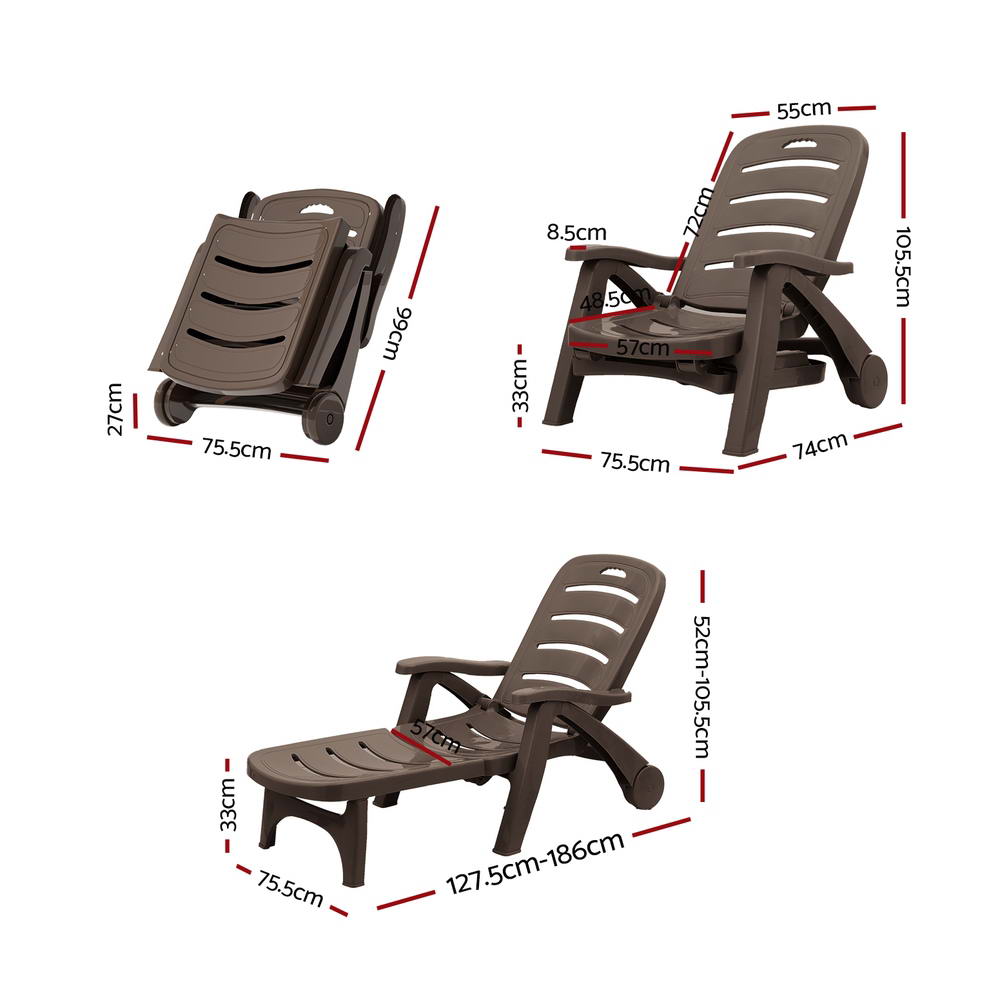 Gardeon Sun Lounger Folding Lounge Chair Wheels Patio Outdoor Furniture Brown-Furniture &gt; Outdoor-PEROZ Accessories