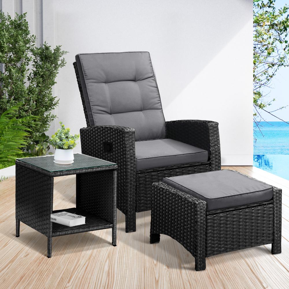 Livsip Recliner Chairs &amp; Table Outdoor Furniture Wicker Sofa Patio Set Garden-Outdoor Recliners-PEROZ Accessories
