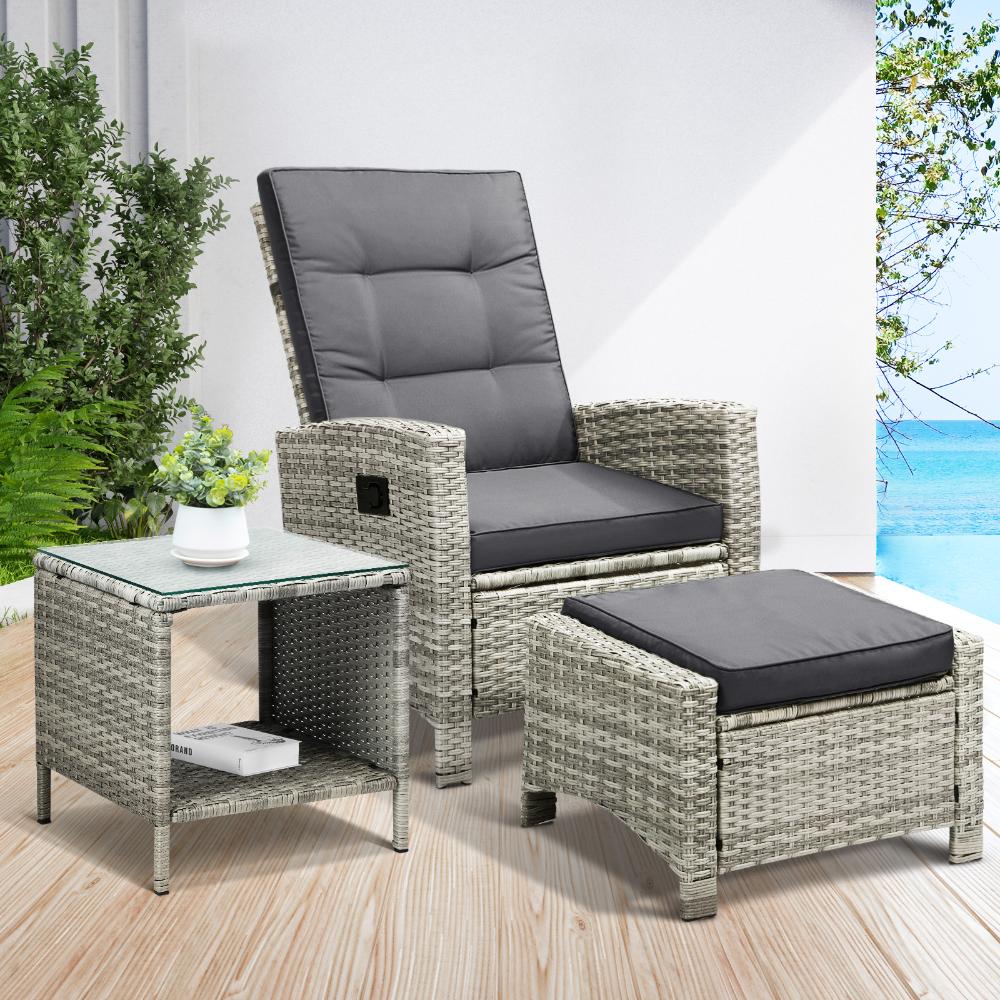 Livsip Recliner Chair Outdoor Sun Lounge Setting Wicker Sofa Patio Furniture 3PC-Outdoor Recliners-PEROZ Accessories