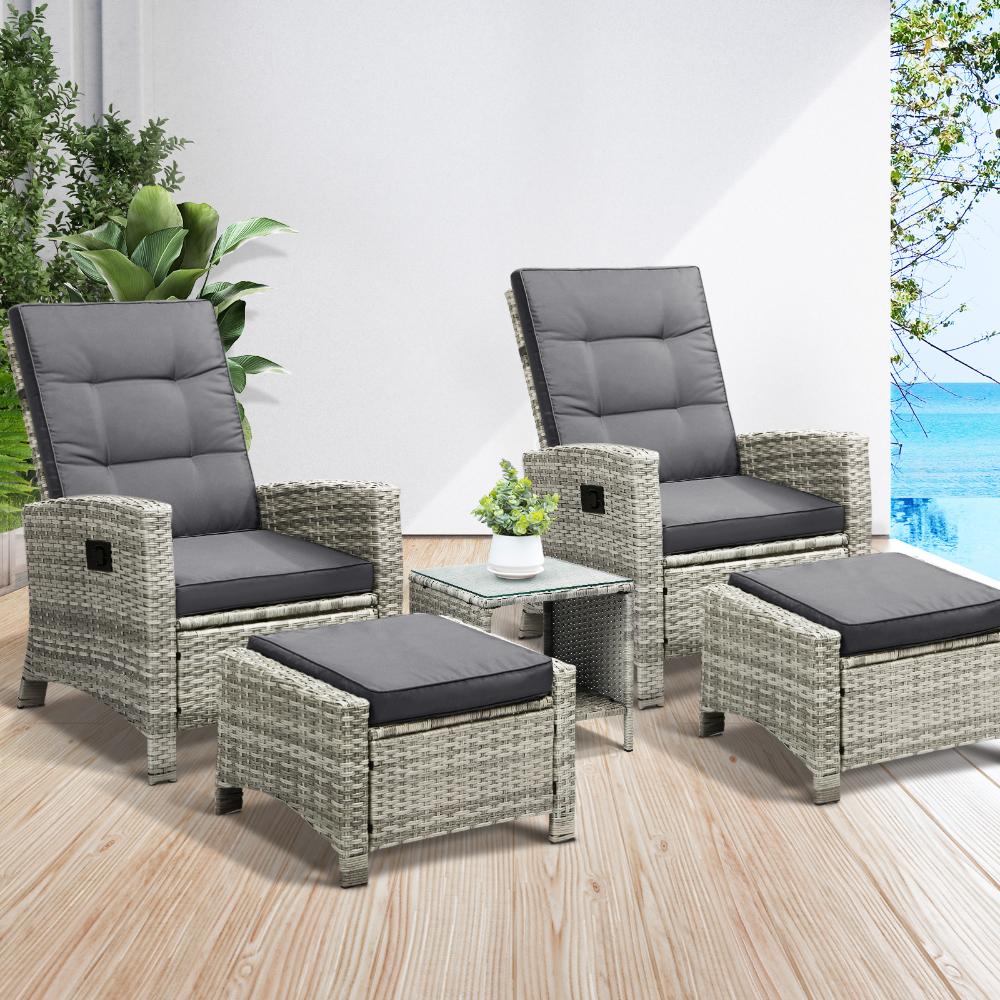 Livsip Recliner Chair Wicker Outdoor Furniture Garden Patio Lounge 5PCS Setting-Outdoor Recliners-PEROZ Accessories