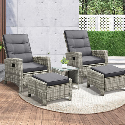 Livsip Recliner Chair Wicker Outdoor Furniture Garden Patio Lounge 5PCS Setting-Outdoor Recliners-PEROZ Accessories