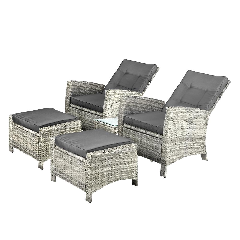 Livsip Recliner Chair Wicker Outdoor Furniture Garden Patio Lounge 5PCS Setting-Outdoor Recliners-PEROZ Accessories