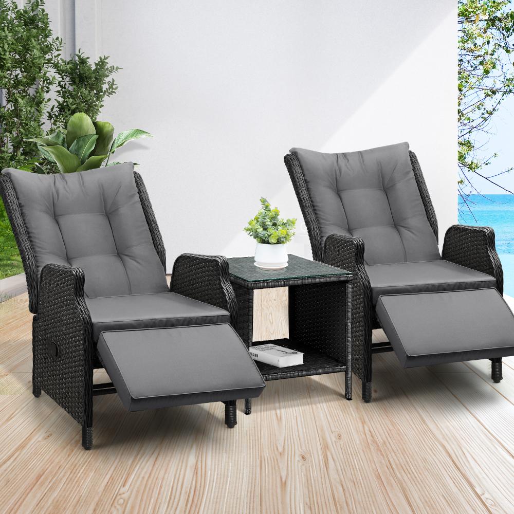 Livsip Sun Lounge Outdoor Recliner Chair &amp;Table Outdoor Furniture Patio Set of 3-Outdoor Recliners-PEROZ Accessories
