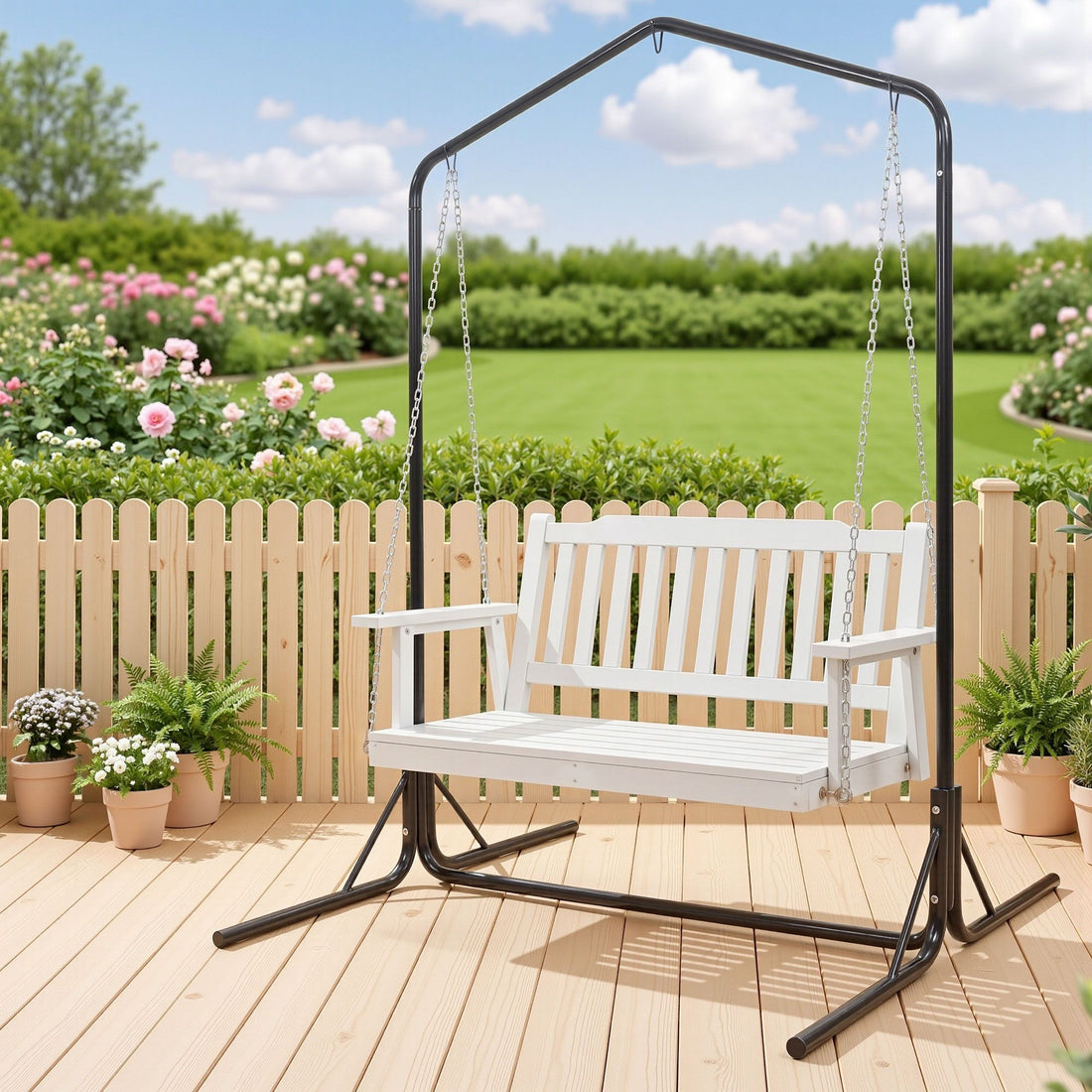 Gardeon Wooden 2-Seater Outdoor Swing Chair with Black Stand White Hanging Chair-Furniture > Outdoor > Outdoor Chairs-PEROZ Accessories