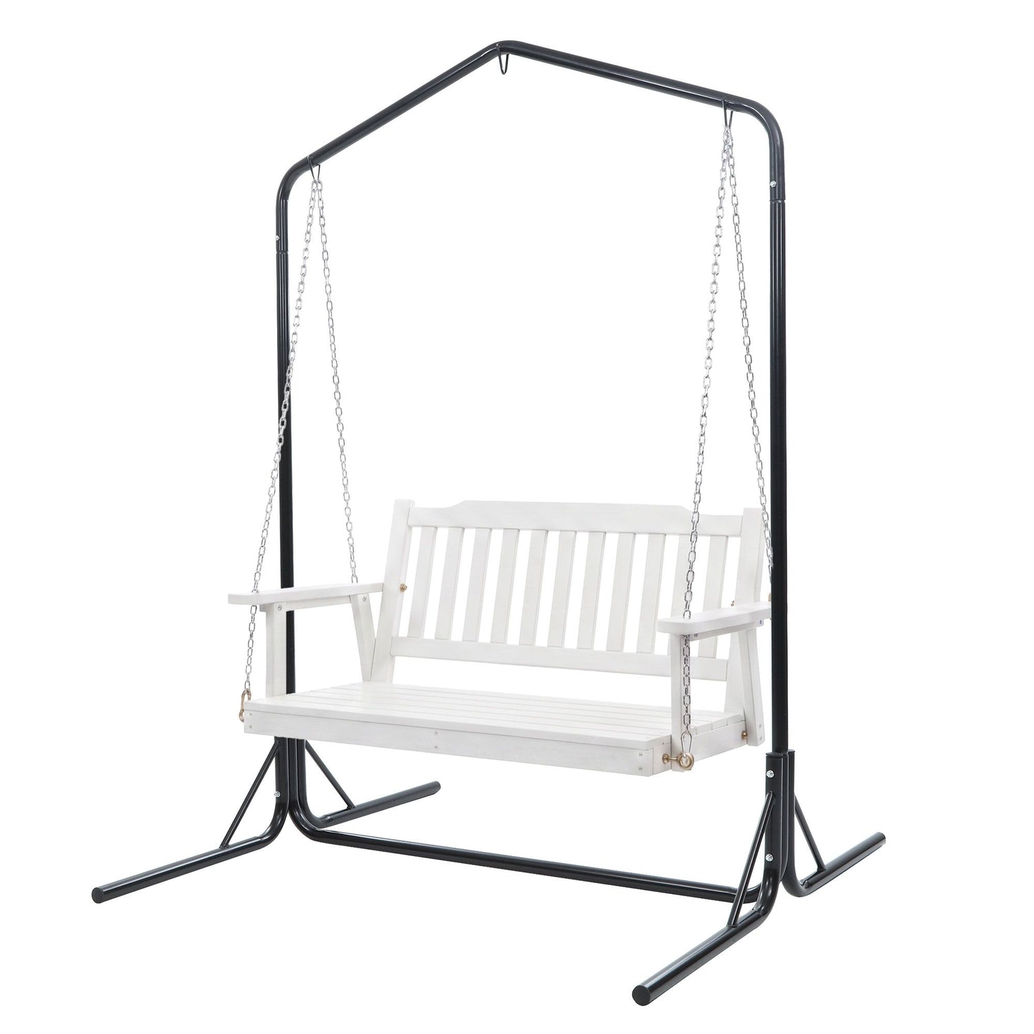 Gardeon Wooden 2-Seater Outdoor Swing Chair with Black Stand White Hanging Chair