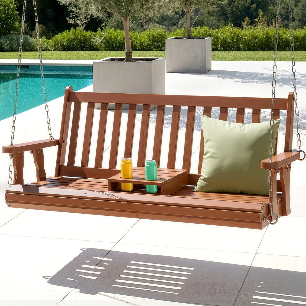 Gardeon Porch Outdoor Swing Chair Patio Furniture Wooden Bench 2 Seat Cup Holder-Furniture &gt; Outdoor &gt; Outdoor Chairs-PEROZ Accessories