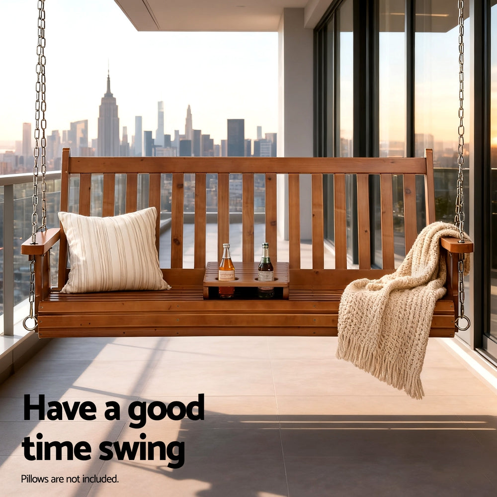 Gardeon Porch Outdoor Swing Chair Patio Furniture Wooden Bench 2 Seat Cup Holder-Furniture &gt; Outdoor &gt; Outdoor Chairs-PEROZ Accessories
