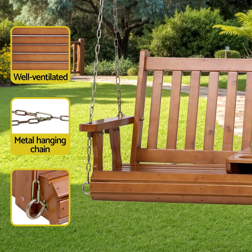 Gardeon Porch Outdoor Swing Chair Patio Furniture Wooden Bench 2 Seat Cup Holder-Furniture &gt; Outdoor &gt; Outdoor Chairs-PEROZ Accessories