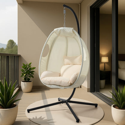 Livsip Outdoor Egg Hanging Chair Swing Seat with Stand Cushions Beige-Outdoor Hanging Chair-PEROZ Accessories