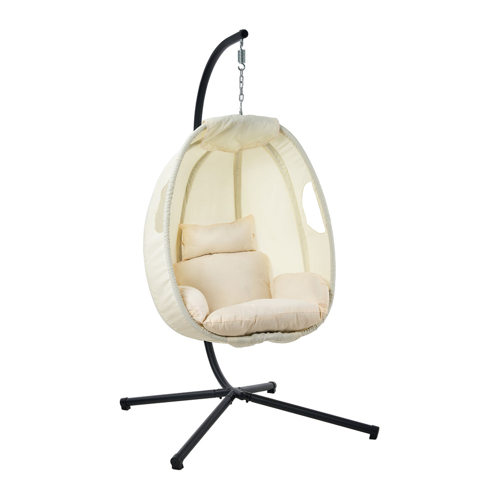 Livsip Outdoor Egg Hanging Chair Swing Seat with Stand Cushions Beige-Outdoor Hanging Chair-PEROZ Accessories