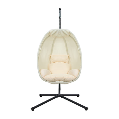 Livsip Outdoor Egg Hanging Chair Swing Seat with Stand Cushions Beige-Outdoor Hanging Chair-PEROZ Accessories