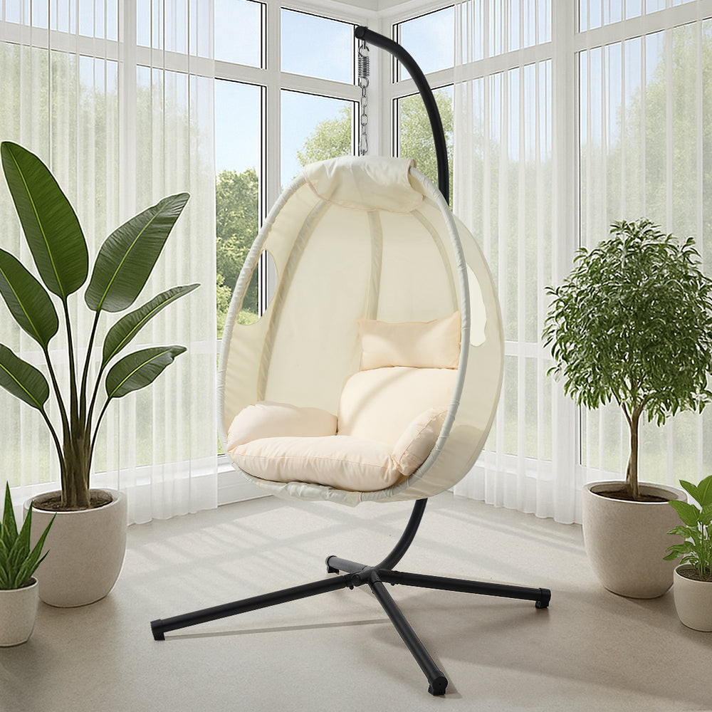 Livsip Outdoor Egg Hanging Chair Swing Seat with Stand Cushions Beige-Outdoor Hanging Chair-PEROZ Accessories
