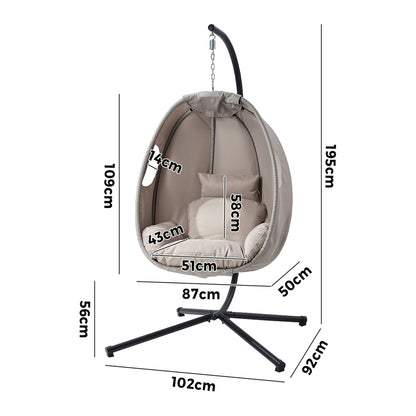 Livsip Outdoor Egg Hanging Chair Swing Seat with Stand Cushions Grey-Outdoor Hanging Chair-PEROZ Accessories