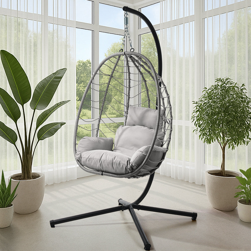 Livsip Outdoor Rattan Hanging Chair Porch Swing Chair Egg Seat Grey-Outdoor Hanging Chair-PEROZ Accessories