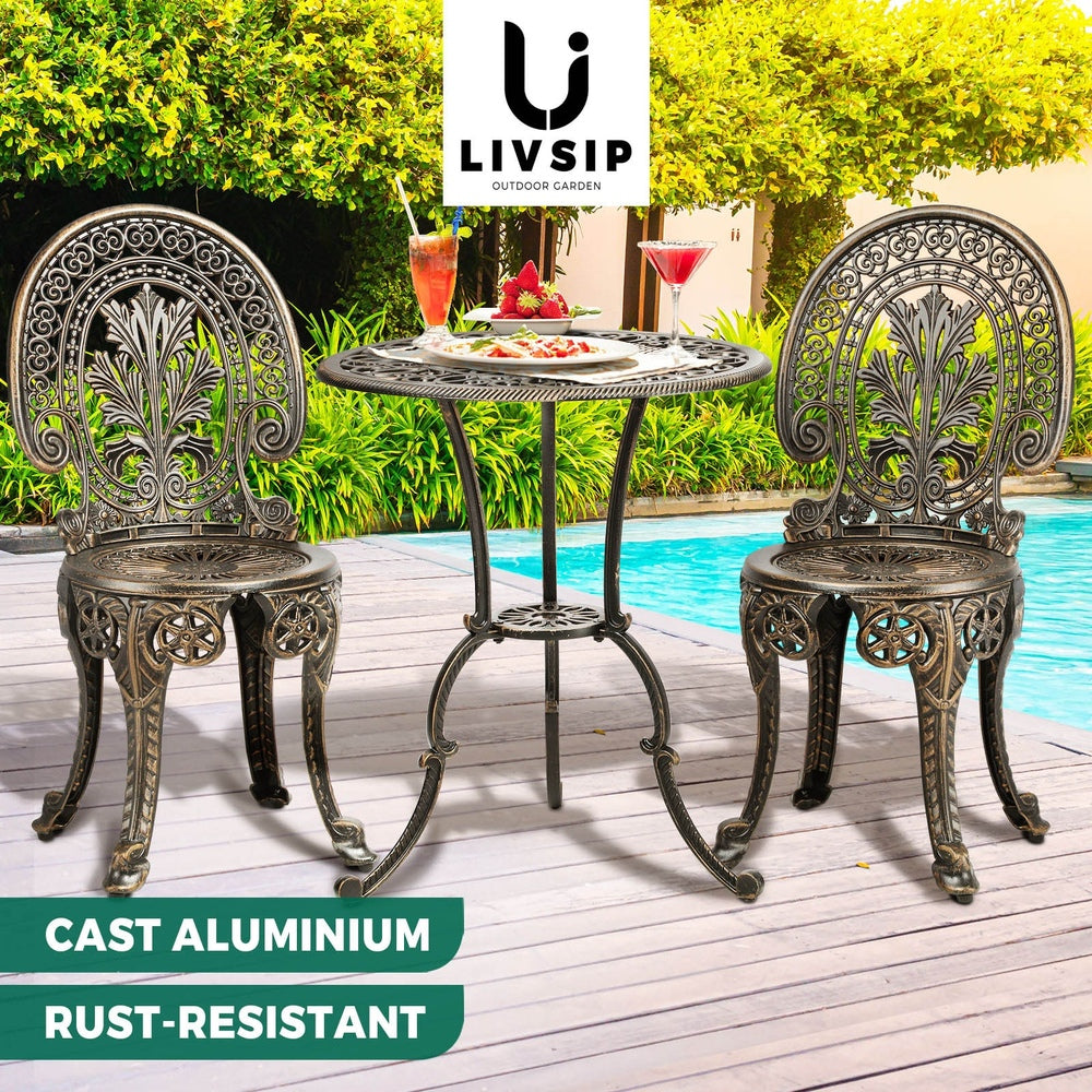 Livsip Outdoor Furniture Bistro Set 3pcs Chair Table Cast Aluminium Patio Garden-Outdoor Patio Sets-PEROZ Accessories