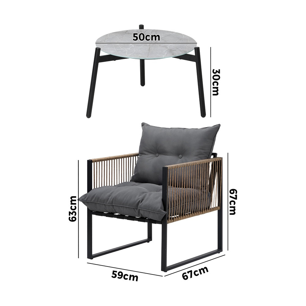 Livsip 3PCS Outdoor Patio Set Grey 50cm Coffee Table Rattan Chairs-Outdoor Patio Set-PEROZ Accessories