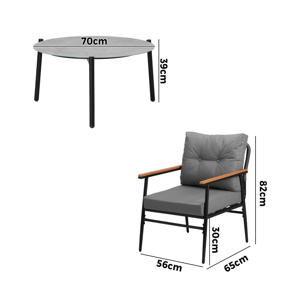 Livsip 5pc Outdoor Patio Setting 70cm Table Grey and Black Armchairs-Outdoor Patio Set-PEROZ Accessories