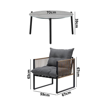 Livsip 3PCS Outdoor Patio Set Grey 70cm Coffee Table Rattan Chairs-Outdoor Patio Set-PEROZ Accessories