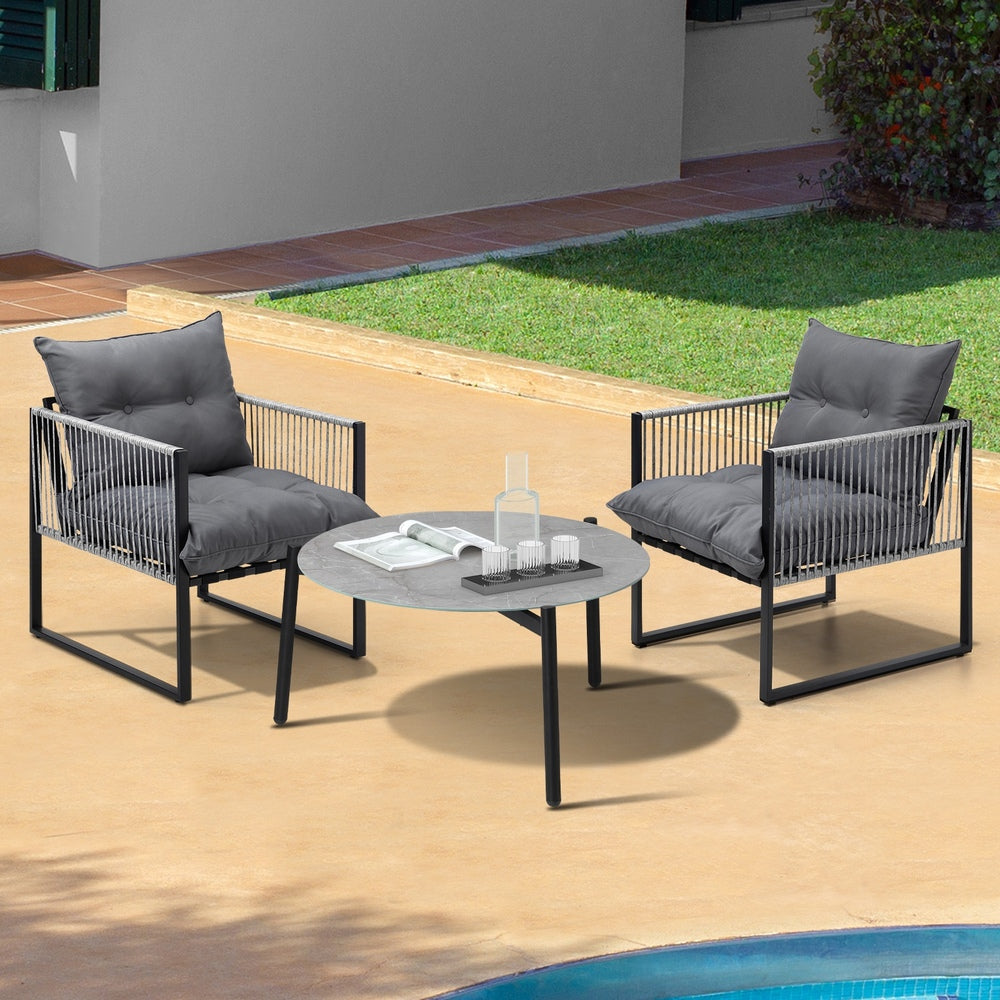 Livsip 3PCS Outdoor Patio Set Grey 70cm Table Cushioned Armchairs-Outdoor Patio Set-PEROZ Accessories