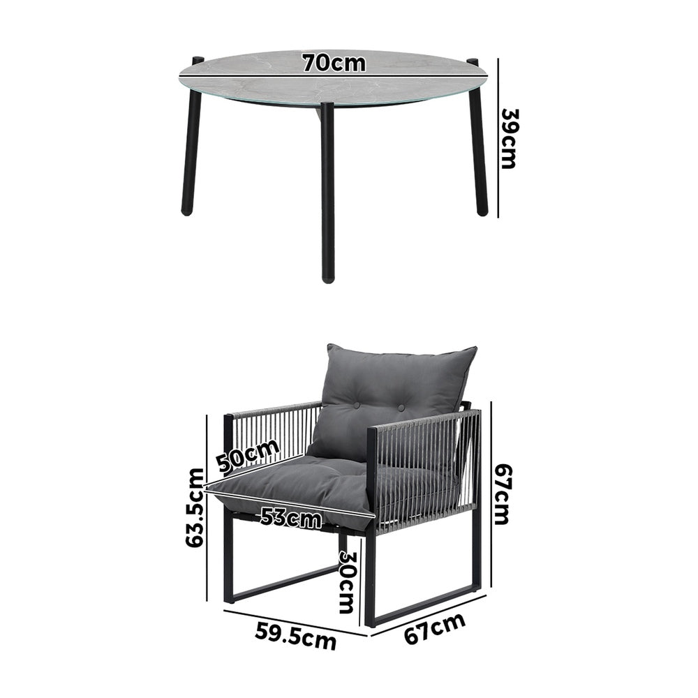 Livsip 3PCS Outdoor Patio Set Grey 70cm Table Cushioned Armchairs-Outdoor Patio Set-PEROZ Accessories
