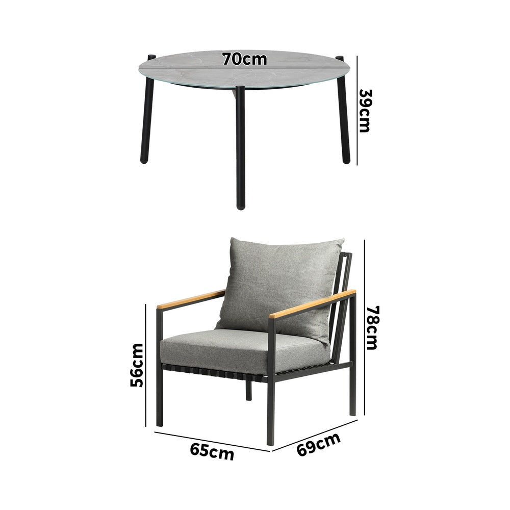 Livsip 3PCS Outdoor Lounge Set Grey 70cm Coffee Table Chairs-Outdoor Patio Set-PEROZ Accessories