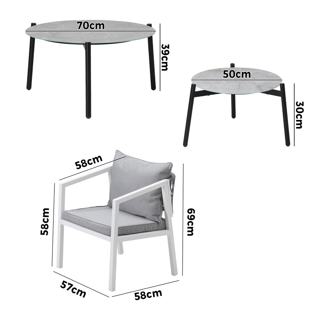 Livsip 6PCS Outdoor Patio Set Grey 70cm Coffee Table Set White Chairs-Outdoor Patio Set-PEROZ Accessories