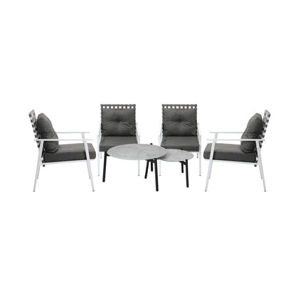 Livsip 6pc Outdoor Patio Set Grey Round Table 4pc Rattan White Chairs-Outdoor Patio Set-PEROZ Accessories