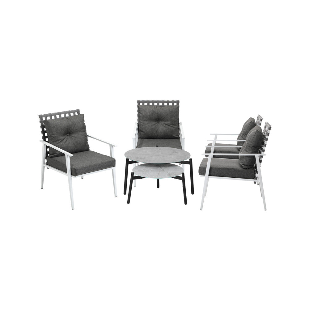 Livsip 6pc Outdoor Patio Set Grey Round Table 4pc Rattan White Chairs-Outdoor Patio Set-PEROZ Accessories