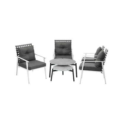 Livsip 6pc Outdoor Patio Set Grey Round Table 4pc Rattan White Chairs-Outdoor Patio Set-PEROZ Accessories