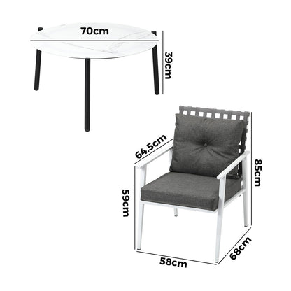 Livsip 3pc Outdoor Lounge Sets 70CM White Round Table Rattan Chairs-Outdoor Patio Set-PEROZ Accessories