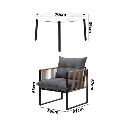 Livsip 3PCS Outdoor Patio Set White 70cm Coffee Table Rattan Chairs-Outdoor Patio Set-PEROZ Accessories