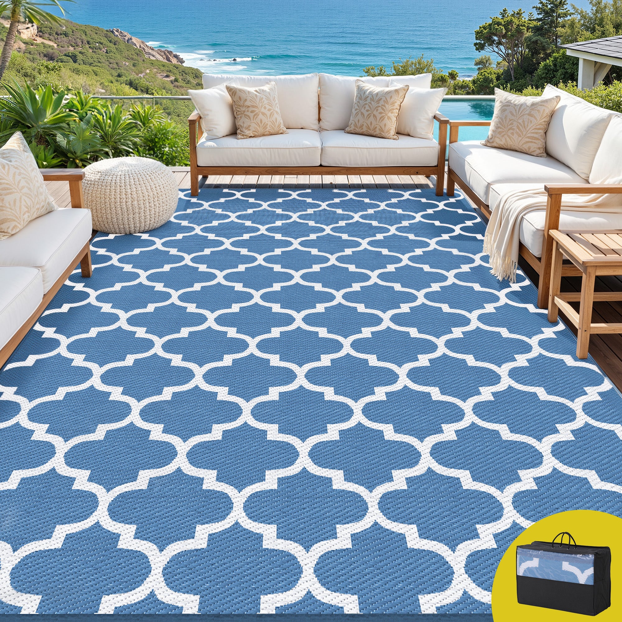 Gardeon Outdoor Rugs 274x366cm Large Carpet Reversible Area Mat PP Dual-Sided Patio Rug Blue-Home &amp; Garden > Rugs > Outdoor Rugs-PEROZ Accessories