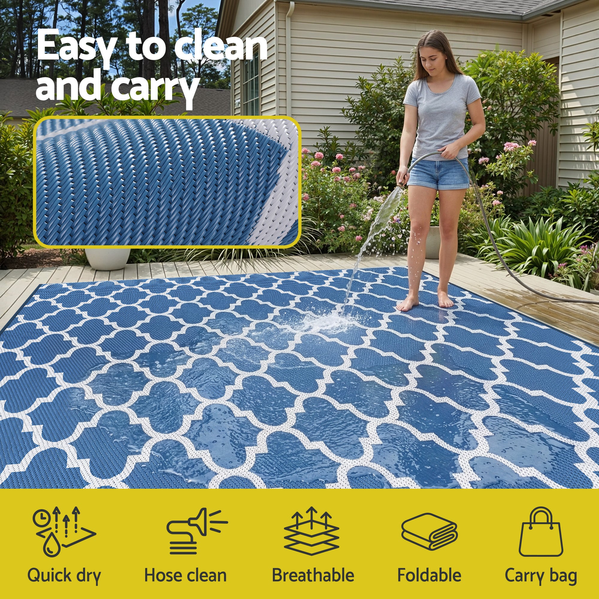 Gardeon Outdoor Rugs 274x366cm Large Carpet Reversible Area Mat PP Dual-Sided Patio Rug Blue-Home &amp; Garden > Rugs > Outdoor Rugs-PEROZ Accessories