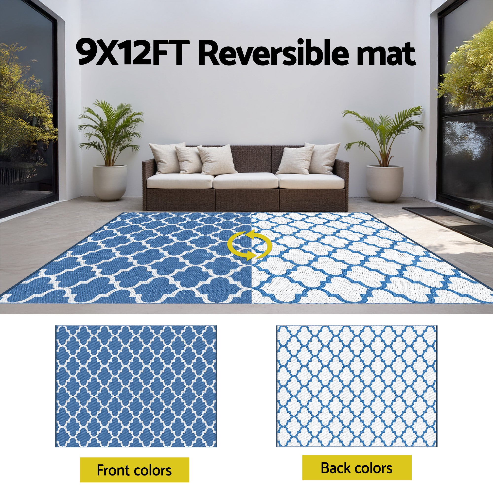Gardeon Outdoor Rugs 274x366cm Large Carpet Reversible Area Mat PP Dual-Sided Patio Rug Blue-Home &amp; Garden > Rugs > Outdoor Rugs-PEROZ Accessories