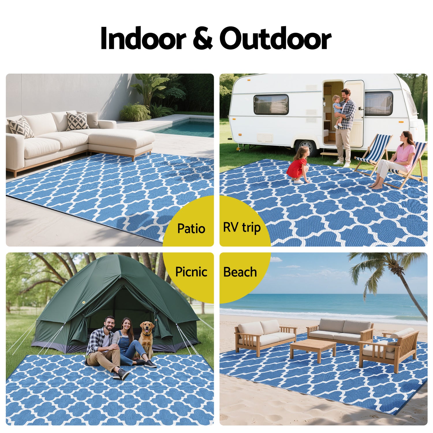 Gardeon Outdoor Rugs 274x366cm Large Carpet Reversible Area Mat PP Dual-Sided Patio Rug Blue-Home &amp; Garden > Rugs > Outdoor Rugs-PEROZ Accessories