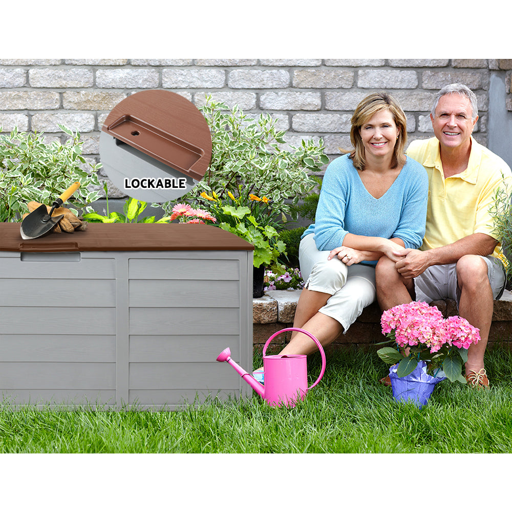 Gardeon Outdoor Storage Box 290L Lockable Organiser Garden Deck Shed Tool Brown-Outdoor Storage Boxes-PEROZ Accessories