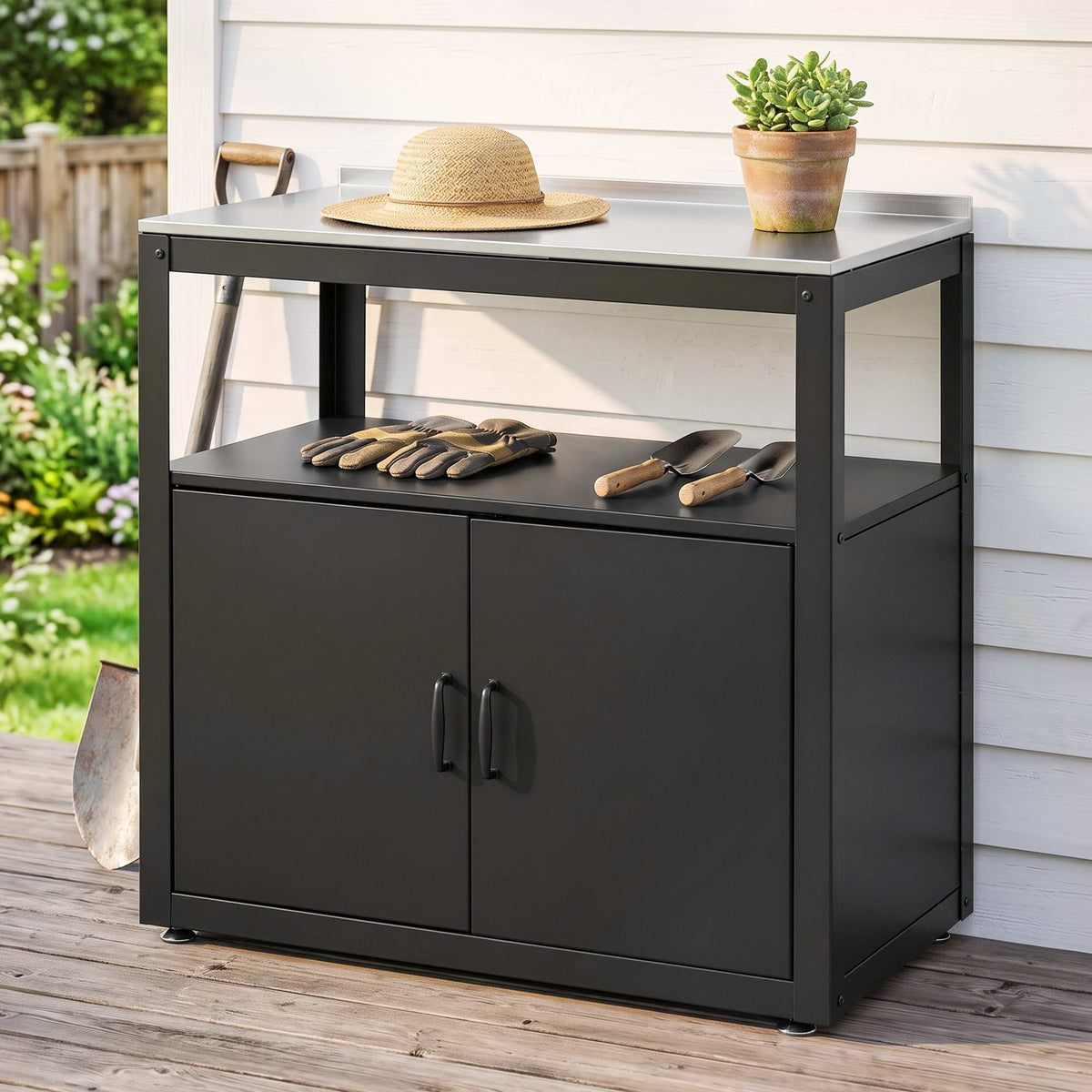 Gardeon Outdoor Storage Cabinet Garden Potting Bench Stainless Steel Table Top Black-Home &amp; Garden > Storage > Storage Cabinets &amp; Lockers-PEROZ Accessories