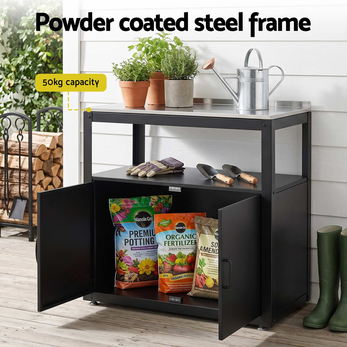 Gardeon Outdoor Storage Cabinet Garden Potting Bench Stainless Steel Table Top Black-Home &amp; Garden > Storage > Storage Cabinets &amp; Lockers-PEROZ Accessories