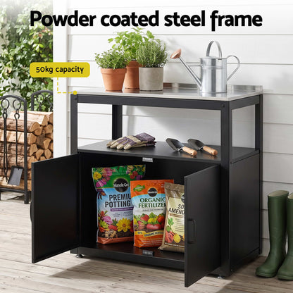 Gardeon Outdoor Storage Cabinet Garden Potting Bench Stainless Steel Table Top Black-Home &amp; Garden > Storage > Storage Cabinets &amp; Lockers-PEROZ Accessories