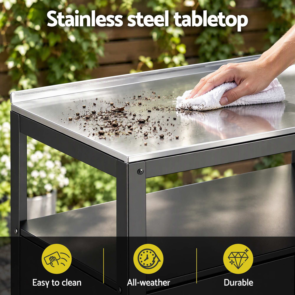 Gardeon Outdoor Storage Cabinet Garden Potting Bench Stainless Steel Table Top Black-Home &amp; Garden > Storage > Storage Cabinets &amp; Lockers-PEROZ Accessories