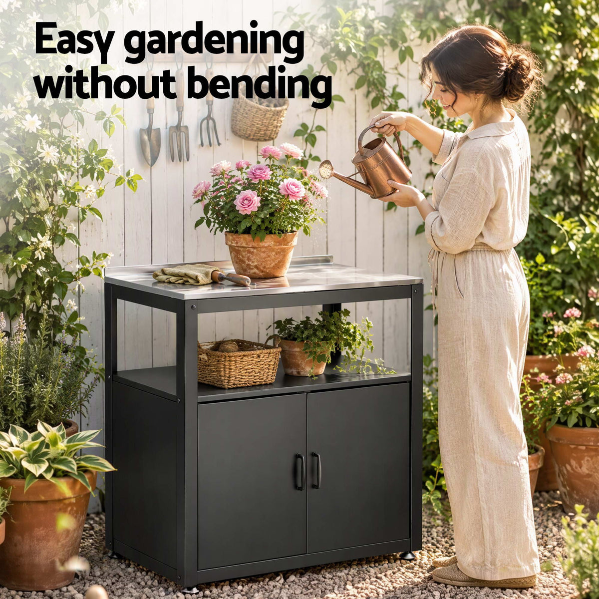 Gardeon Outdoor Storage Cabinet Garden Potting Bench Stainless Steel Table Top Black-Home &amp; Garden > Storage > Storage Cabinets &amp; Lockers-PEROZ Accessories