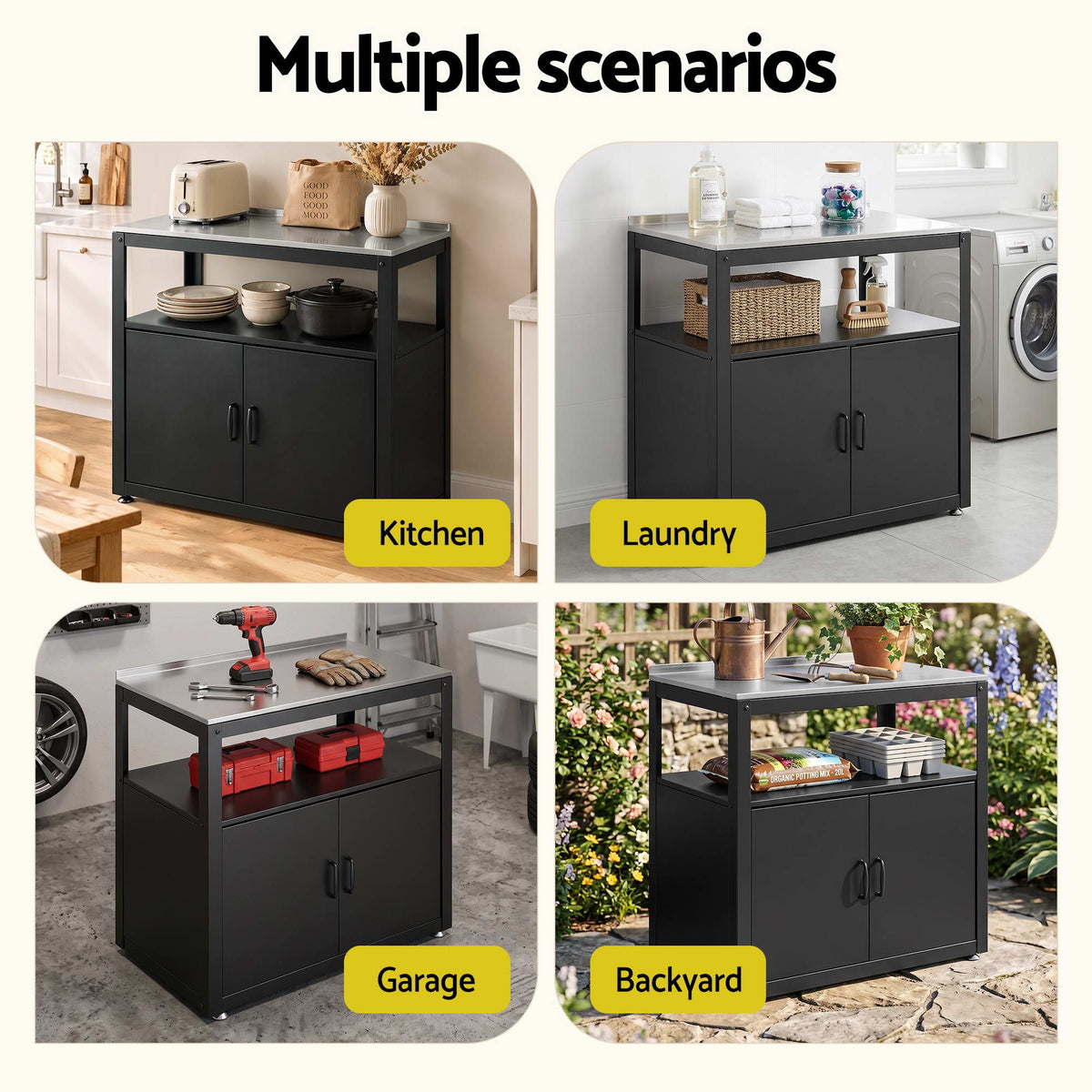Gardeon Outdoor Storage Cabinet Garden Potting Bench Stainless Steel Table Top Black-Home &amp; Garden > Storage > Storage Cabinets &amp; Lockers-PEROZ Accessories