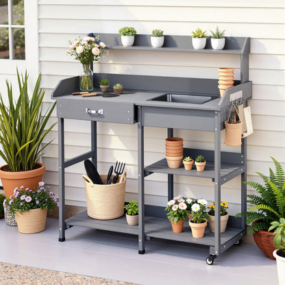 Gardeon Outdoor Potting Bench Table Storage Cabinet Potters Garden Workstation Grey-Home &amp; Garden > Storage > Storage Cabinets &amp; Lockers-PEROZ Accessories