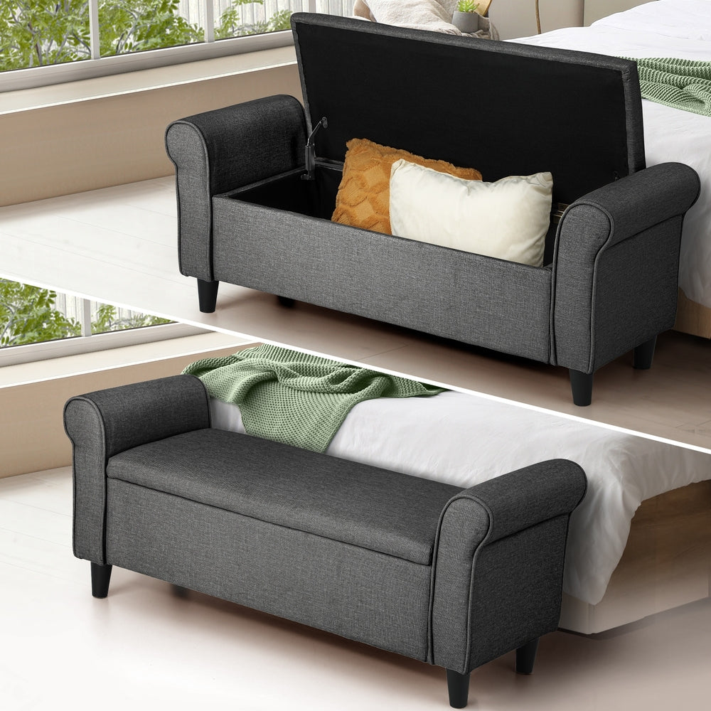 Oikiture Storage Ottoman Blanket Box Linen Fabric Arm Foot Stool Couch Large Grey-Ottomans-PEROZ Accessories