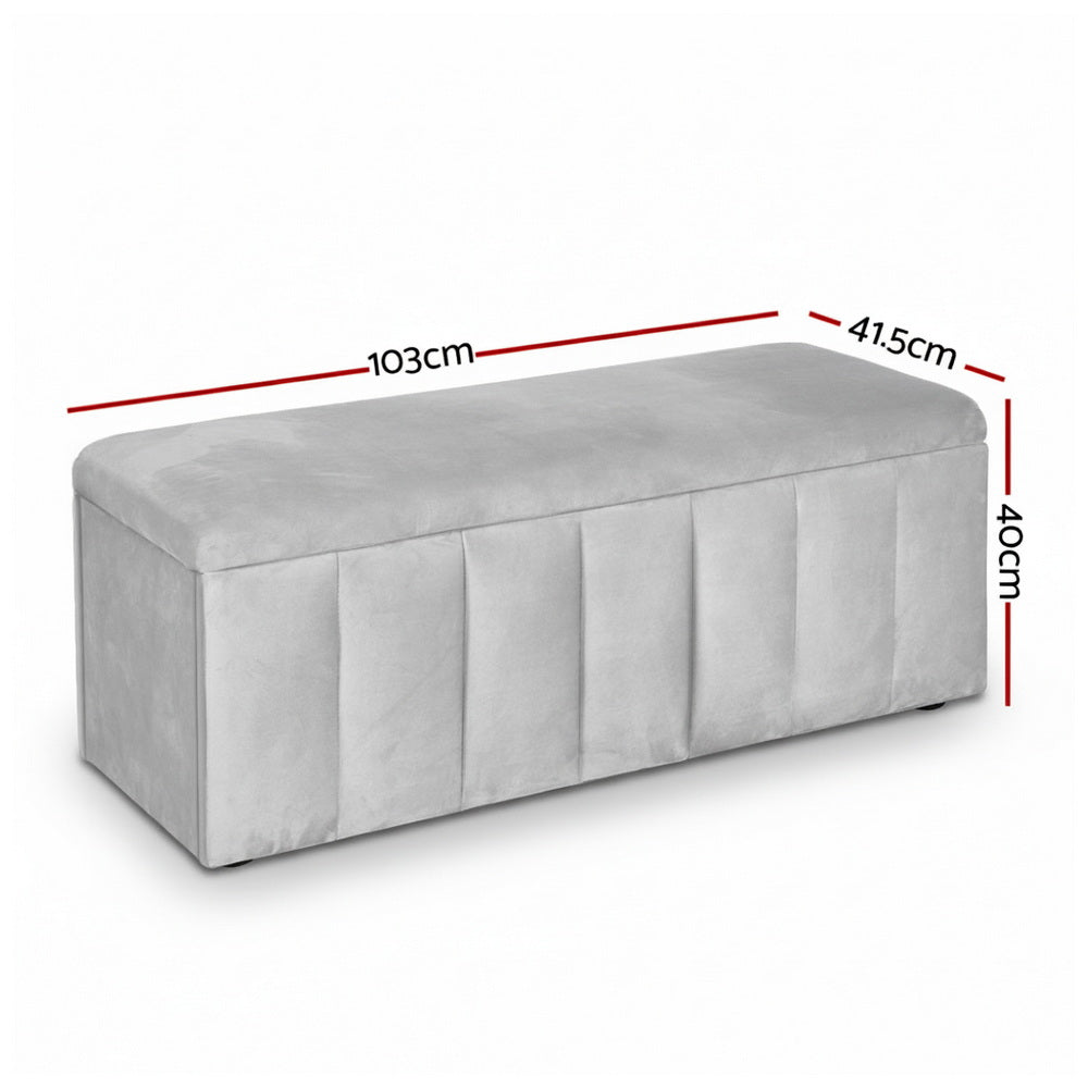 Artiss Storage Ottoman Blanket Box Velvet Grey 103cm-Furniture &gt; Living Room &gt; Ottomans &amp; Footstools-PEROZ Accessories